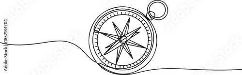 One continuous line drawing of traveller compass, Continuous Line Drawing of Compass Icon. Hand Drawn Symbol Vector Illustration. one line Icon drawing