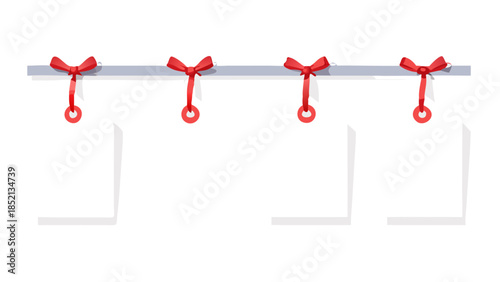 Blank white paper tags adorned with red ribbon bows, perfect for personalized messages, gift labels, or festive greetings, presented on a minimalist white background