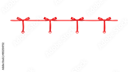 Charming decorative element featuring a horizontal line adorned with four vibrant red bows and subtle heart-shaped embellishments, perfect for festive designs and romantic stationery