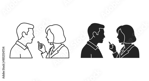 A contrasting pair of business people discussing shown in line art and silhouette