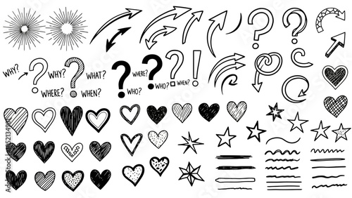Hand Drawn Doodle Elements Vector Pack with Question Marks and Hearts