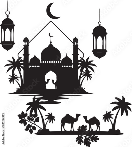 Islamic Mosque Silhouette with Lanterns and Camels Vector