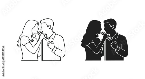 Couple singing together with both line art and striking black silhouette