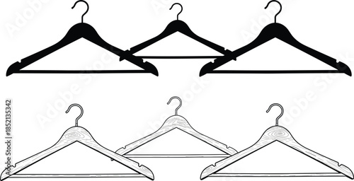 Black and White Line Art of Wooden and Black Clothes Hangers on White Background garment hanger wardrobe