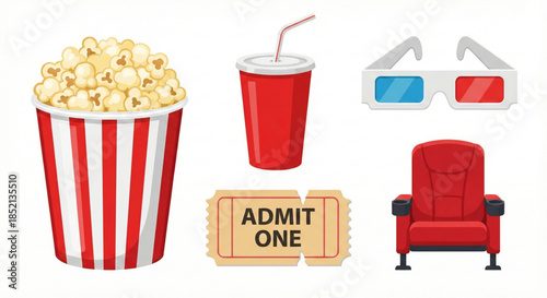 Collection of movie night essentials including popcorn, soda, 3D glasses, ticket, and cinema seat for entertainment