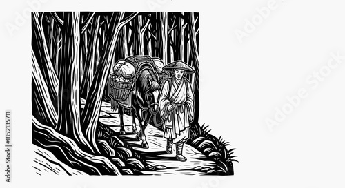 Pilgrim walking through forest with pack animal carrying supplies.