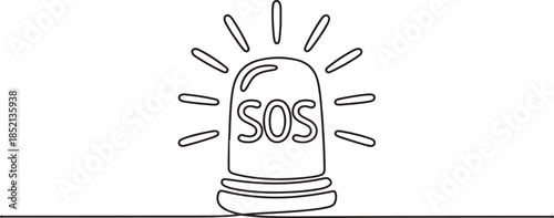 Single one line drawing flasher siren with text SOS. SOS concept. Continuous line draw design graphic vector illustration. one line Icon drawing