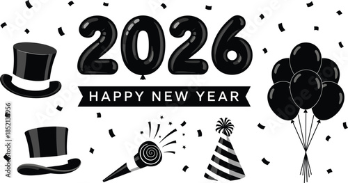 Happy New Year 2026 Celebration Elements with Balloons and Hats Keywords: happy new year, 2026, celebration, party, balloons, top