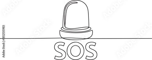 Single one line drawing flasher siren with text SOS. SOS concept. Continuous line draw design graphic vector illustration. one line Icon drawing