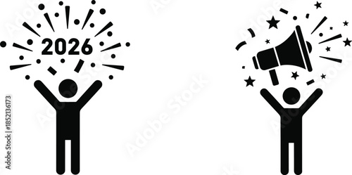 Person celebrating 2026 with confetti and a megaphone icon Keywords: 2026, celebration, new year, confetti, party, person