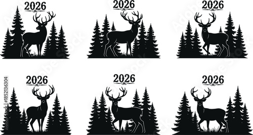 Silhouette deer in forest with 2026 text and pine trees Keywords: deer, stag, forest, trees, pine, nature, wildlife, silhouette