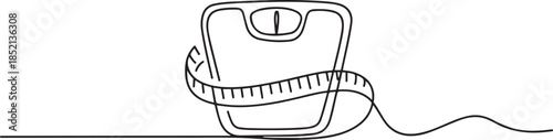 Single one line drawing body scales tied with measuring tape. A symbol to keep remembering healthy living at all times. Diet. Weights and Measures Day. one line Icon drawing
