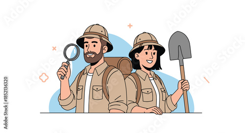 A friendly male and female archaeologist couple dressed in safari gear, holding a magnifying glass and a shovel for digging.