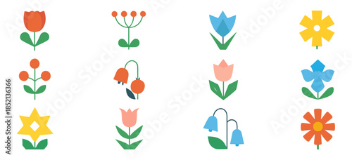 Stylized Flower Grid – Colorful Botanical Icons in Modern Retro Illustration