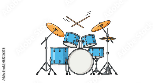 A complete blue drum kit with cymbals and crossed drumsticks flying in the air, ready for a rock music performance.
