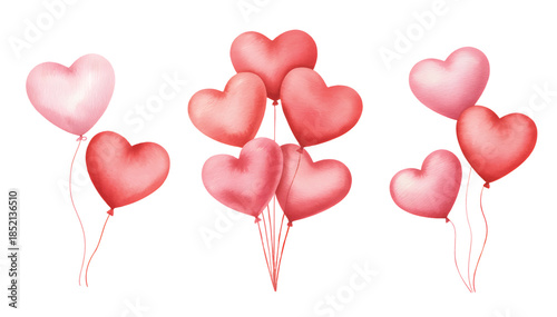 Soft hand painted watercolor heart balloons floating gently.