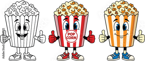 Three Cartoon Popcorn Characters One Outline Two Colored Giving Thumbs Up Keywords: popcorn, snack, movie, cinema, food, cartoon