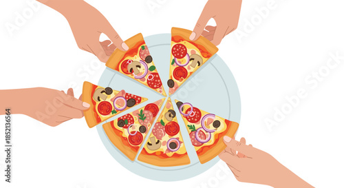 Top-down view of multiple hands taking slices of a freshly baked pepperoni and mushroom pizza from a shared plate, isolated on white.