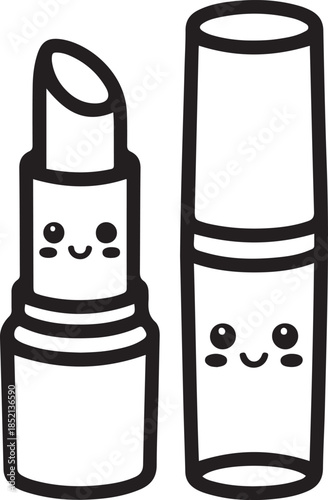 Lipstick and lip gloss isolated. Vector graphic line illustration. Black and white kawaii icon. For poster, party invitation, backdrop. one line Icon drawing