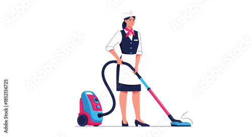 Professional hotel maid in a classic uniform and apron using a vacuum cleaner, representing a cleaning service or hospitality staff.