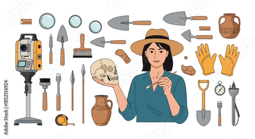 Female archaeologist in a hat carefully brushing a human skull, surrounded by a set of excavation tools, pottery, and a theodolite.
