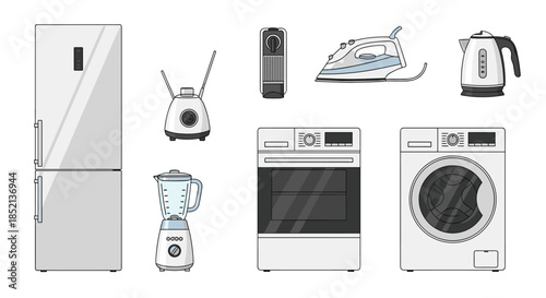 Collection of essential modern home appliances in a monochrome style, including a refrigerator, washing machine, oven, blender, and iron.