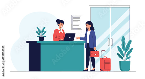 Female guest with luggage checking in at a hotel reception desk where a friendly female receptionist is working on a laptop.