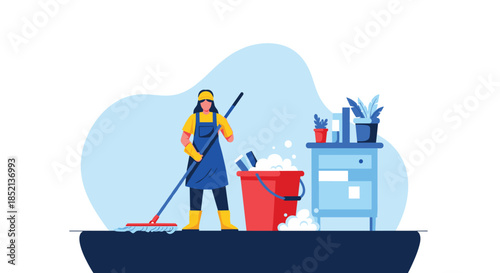 Professional cleaning service worker or janitor in uniform and gloves mopping a floor with a bucket of soapy water nearby.