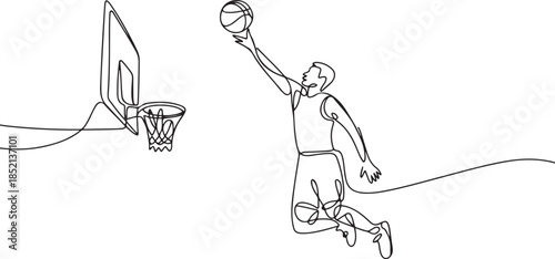 Continuous Line Drawing Style Man Playing Basketball Jump Shot Motion. Sport Minimal Vector. one line Icon drawing