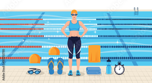 Female swimmer in sportswear standing in front of a swimming pool with her essential gear, including a cap, goggles, and a stopwatch.