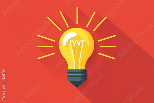 Flat vector illustration of glowing light bulb symbolizing idea creativity innovation and inspiration on bright background
