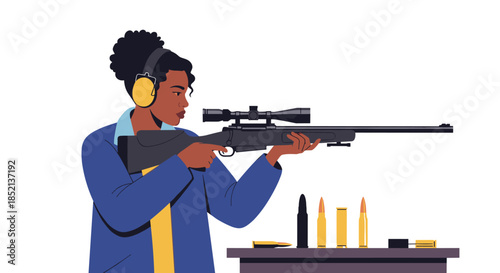 Focused African American woman wearing hearing protection and aiming a scoped rifle at a shooting range with ammunition on the table.