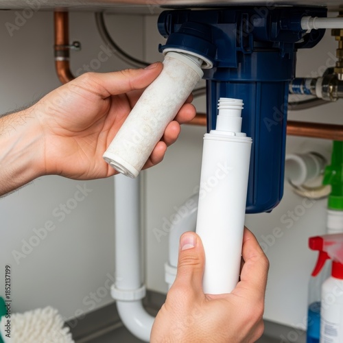 Wallpaper Mural Hands replacing a used water filter cartridge with a new one under a kitchen sink. Torontodigital.ca