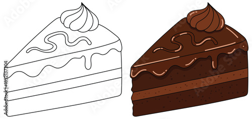 Chocolate cake slice illustration with rich brown layers creamy frosting and decorative topping designed in a bold cartoon style for dessert themed visuals