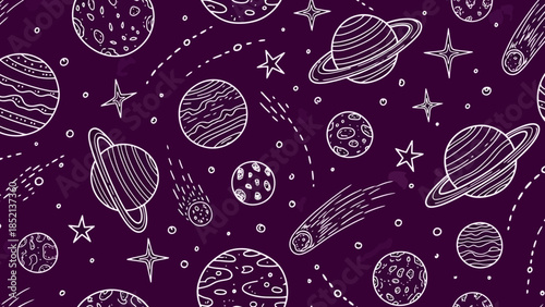 Hand Drawn Space Vector Pattern Illustration with Planets and Stars