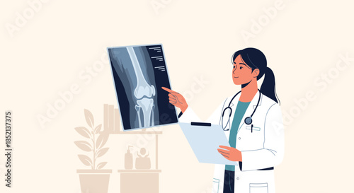 Professional female doctor with a stethoscope and clipboard analyzing an x-ray of a human knee joint to diagnose an injury or condition.