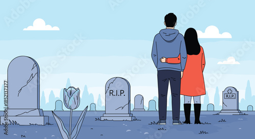 Rear view of a grieving couple hugging while looking at tombstones in a cemetery, conveying themes of loss, death, and remembrance.