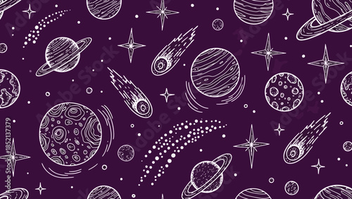 Hand Drawn Space Vector Pattern Illustration with Planets and Stars