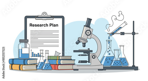 Scientific laboratory setting with a research plan on a clipboard, a microscope, beakers, flasks, and books for a chemistry experiment.