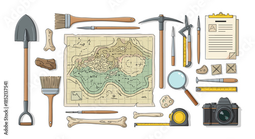 Top-down flat lay of essential archaeology and paleontology tools, including a map, shovel, brushes, camera, and discovered bones.