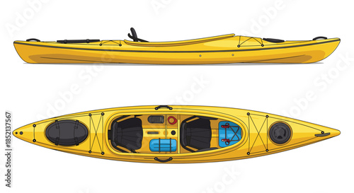 Detailed illustration of a yellow touring sea kayak shown from the side and top-down views, equipped for an expedition on the water.