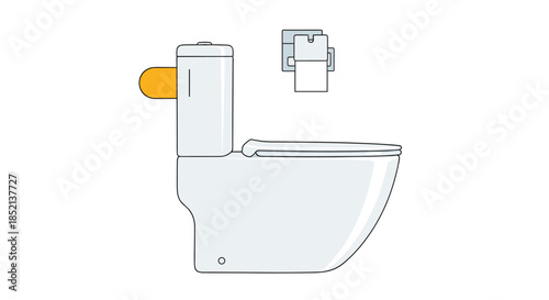 Minimalist illustration of a white ceramic toilet with a closed lid, flush tank, and a toilet paper holder mounted on the wall.