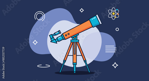 Orange telescope on a tripod for observing stars and planets, surrounded by space-themed icons like atoms and orbits on a blue background.