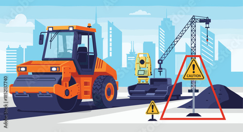 Urban road construction scene with a steamroller, a crane, and a theodolite working on new asphalt, with caution signs in place.