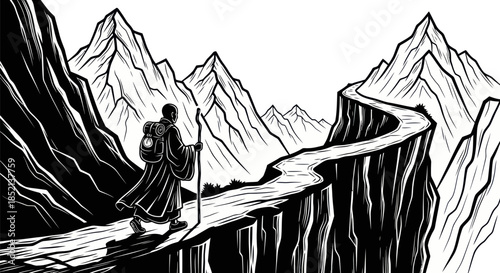 A lone traveler with a staff walks a winding mountain path.
