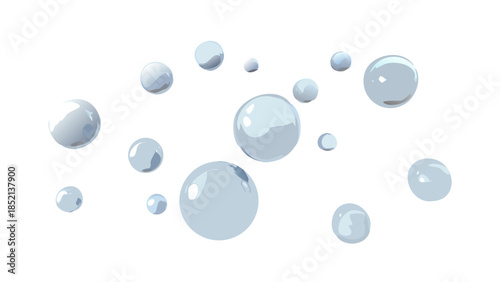 Shimmering collection of light blue transparent bubbles and various water droplets, elegantly floating and scattered, creating a clean, fresh, and pure abstract design on white