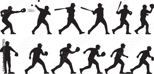 Baseball action sequence silhouette icons