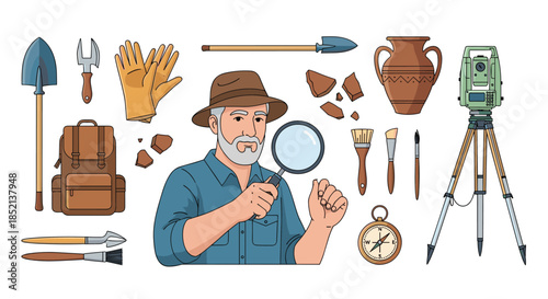 Senior male archaeologist with a magnifying glass examining a pottery shard, surrounded by a complete set of excavation equipment.