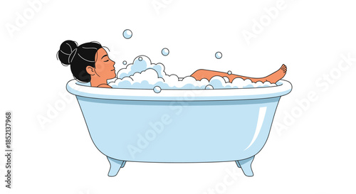 Woman with her hair in a bun relaxing with her eyes closed in a vintage clawfoot bathtub filled with soap foam and bubbles.