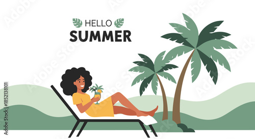 Hello Summer illustration featuring a happy African American woman in a yellow dress relaxing on a lounge chair by palm trees.